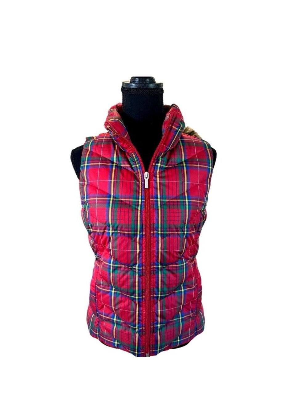 Lands End Red Plaid Premium Down Vest Womens Size 2-4 XS Lightweight Puffer Vest